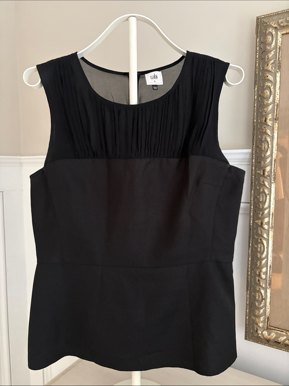 CAbi Black Sleeveless Pleated Yoke top